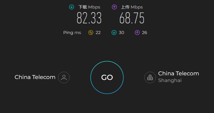 Astrill 在中国电信上海线路下的 Ookla Speedtest 测速结果：下载 82.33 Mbps，延迟 22ms