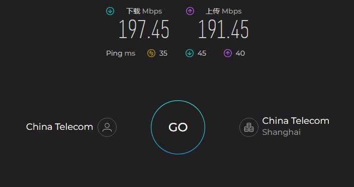 ExpressVPN 在中国电信上海线路下的 Ookla Speedtest 测速结果：下载 197.45 Mbps