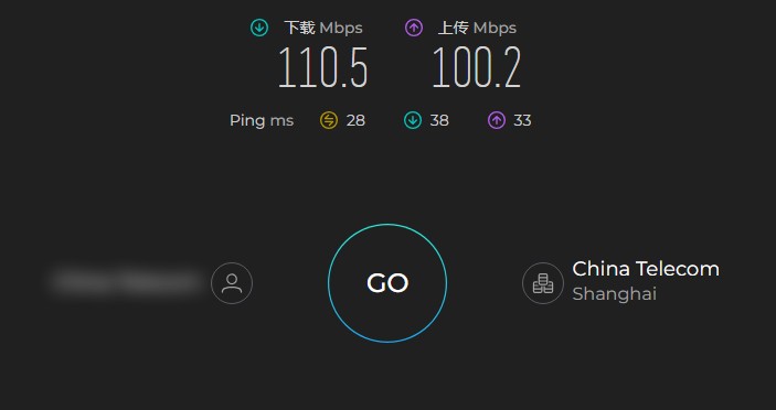 LetsVPN 在中国电信上海线路下的 Ookla Speedtest 测速结果：下载 110.5 Mbps
