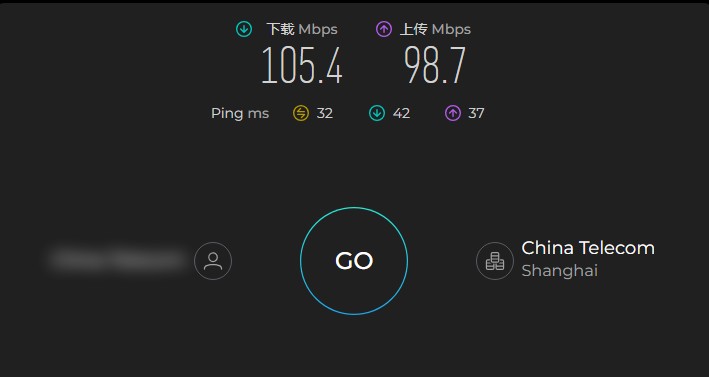 Proton VPN 在中国电信上海线路下的 Ookla Speedtest 测速结果：下载 105.4 Mbps