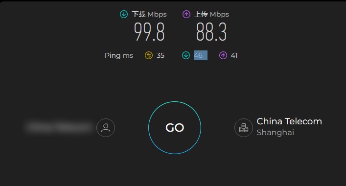 PureVPN 在中国电信上海线路下的 Ookla Speedtest 测速结果：下载 99.8 Mbps