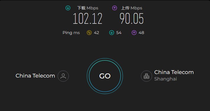 Surfshark 在中国电信上海线路下的 Ookla Speedtest 测速结果：下载 102.12 Mbps